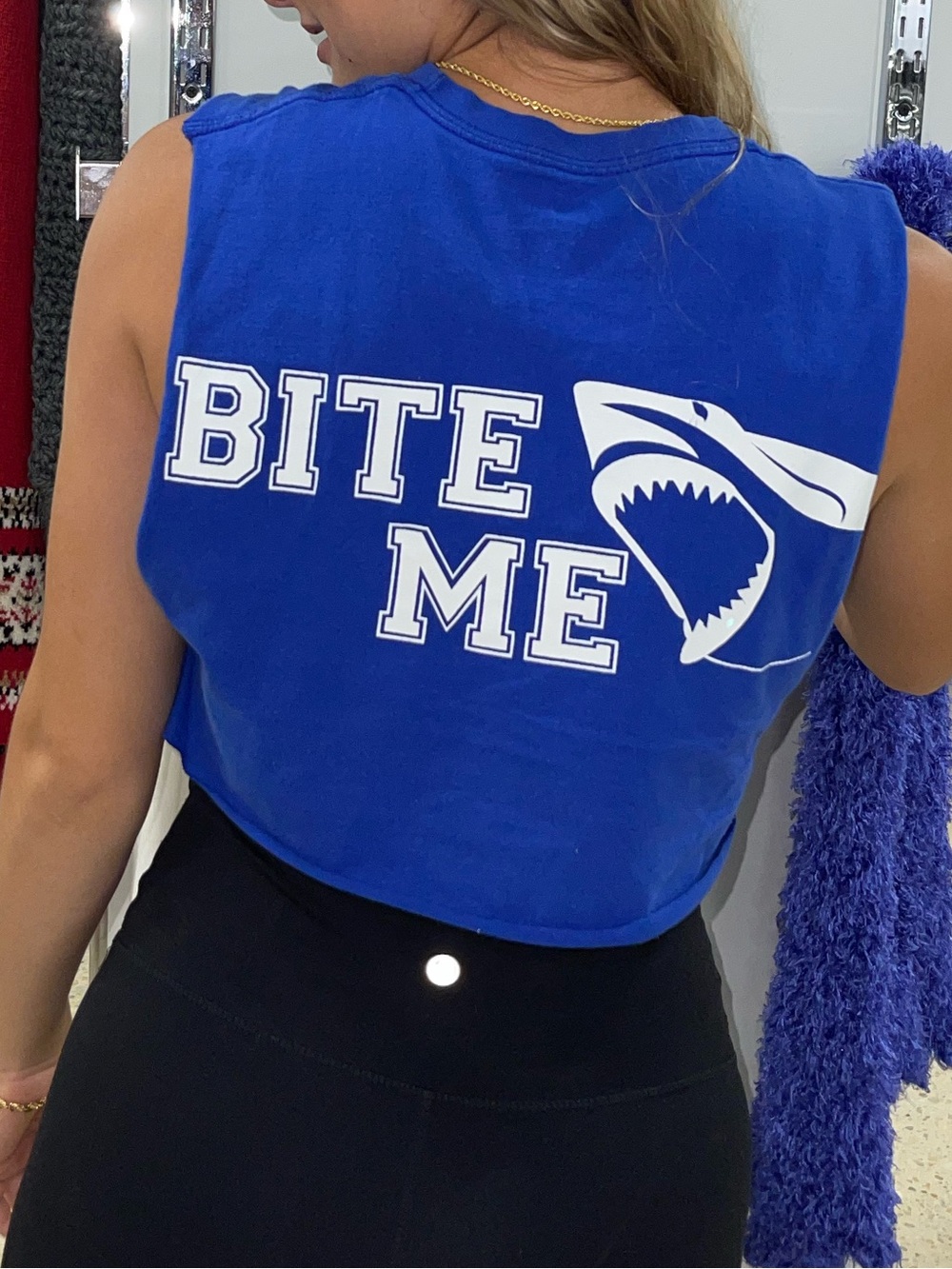 Gildan Royal Blue 'BITE ME' Shark Graphic Crop Tank
